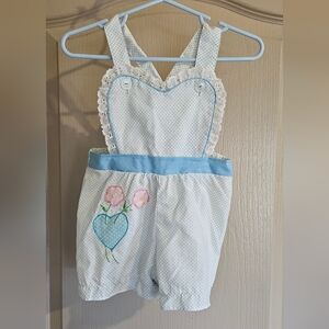 Vintage 80's Polka Dot Floral Embroidered 18mo Girls Romper